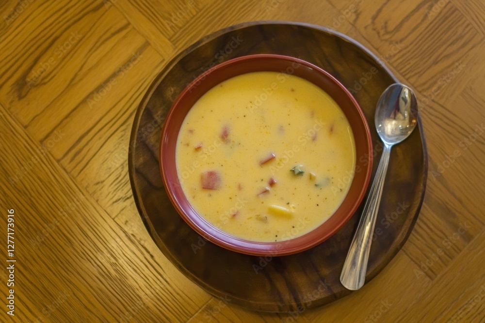 Delicious creamy soup served in a red bowl on a wooden tray with a metal spoon at a cozy kitchen table during winter Delicious creamy soup served in a red bowl on a wooden tray with a metal spoon at a cozy kitchen table during winter