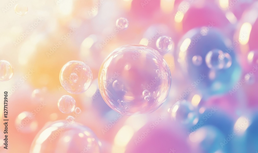 Glowing translucent bubbles reflecting soft pastel hues of pink, blue, and yellow, floating gracefully against a blurred background, creating a playful visual, Glowing translucent bubbles reflecting soft pastel hues of pink, blue, and yellow, floating gracefully against a blurred background, creating a playful visual,
