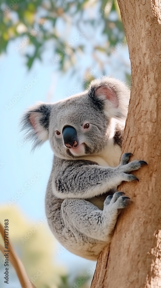 Naklejka premium Koala resting in eucalyptus tree, sunny day. Wildlife conservation