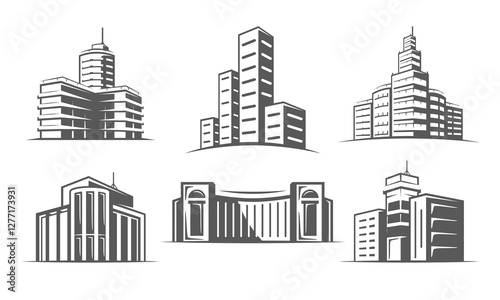 Building icon set isolated on white background. Collection sign real estate, business centre, office. Outline hotel, bank, shop, city, hospital symbol. Vector illustration