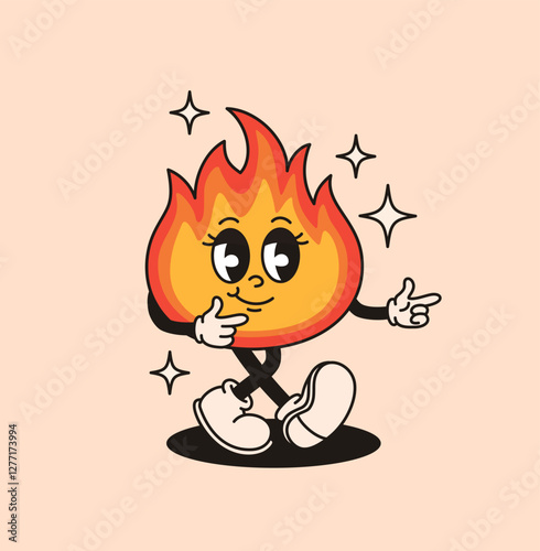 Groovy fire character in retro style. Flat vector illustration.