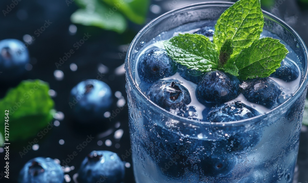 Fresh blueberries and mint leaves in a refreshing drink, symbolizing health, vitality, and freshness. Fresh blueberries and mint leaves in a refreshing drink, symbolizing health, vitality, and freshness.