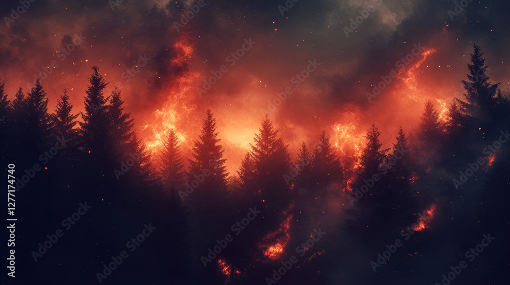 Naklejka premium Massive wildfire engulfing a dense forest with thick smoke and blazing flames, highlighting environmental destruction and climate crisis.