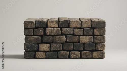 Aged wood blocks wall, studio shot, neutral background photo