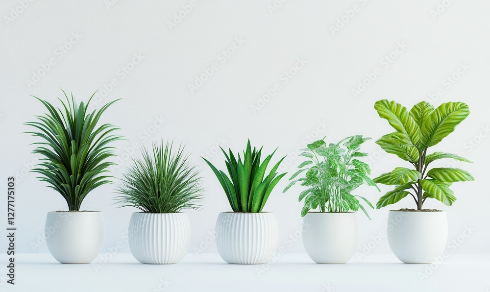 Fototapeta premium Fresh green houseplants arranged neatly in sleek white ceramic pots, symbolizing life and tranquility in modern spaces.