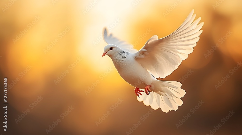 Obraz premium A beautiful white dove soaring gracefully against a backdrop of soft glowing light its wings outstretched in a symbolism of the Holy Spirit s divine presence and spiritual transcendence