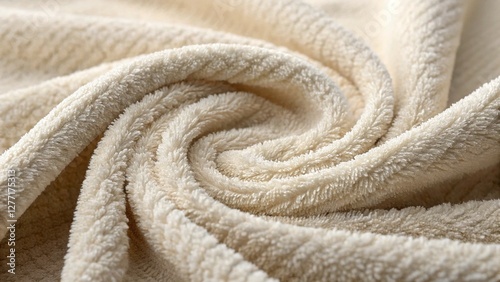 Soft beige fleece fabric texture, swirled and folded, perfect for backgrounds emphasizing warmth and comfort