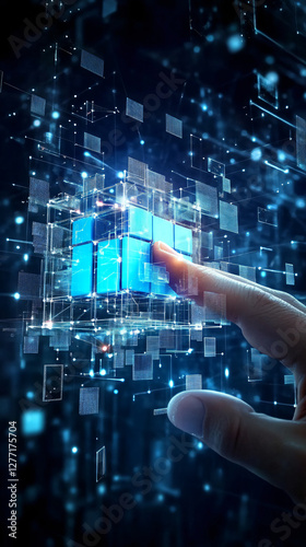 Abstract virtual blockchain technology concept of a hand of businessman touching a virtual reality glowing blue smart blockchain cube, digital blocks, blockchain connection