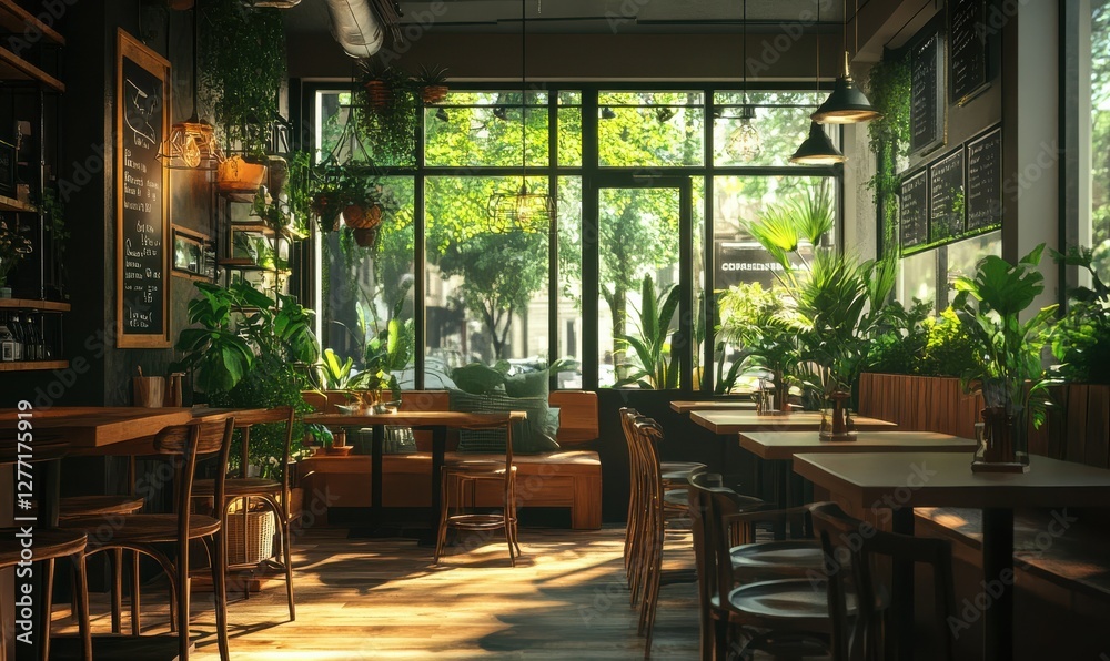 Scenic cafe interior with rustic wooden furniture, soft ambient lighting, and fresh plants creating a cozy atmospher Scenic cafe interior with rustic wooden furniture, soft ambient lighting, and fresh plants creating a cozy atmospher