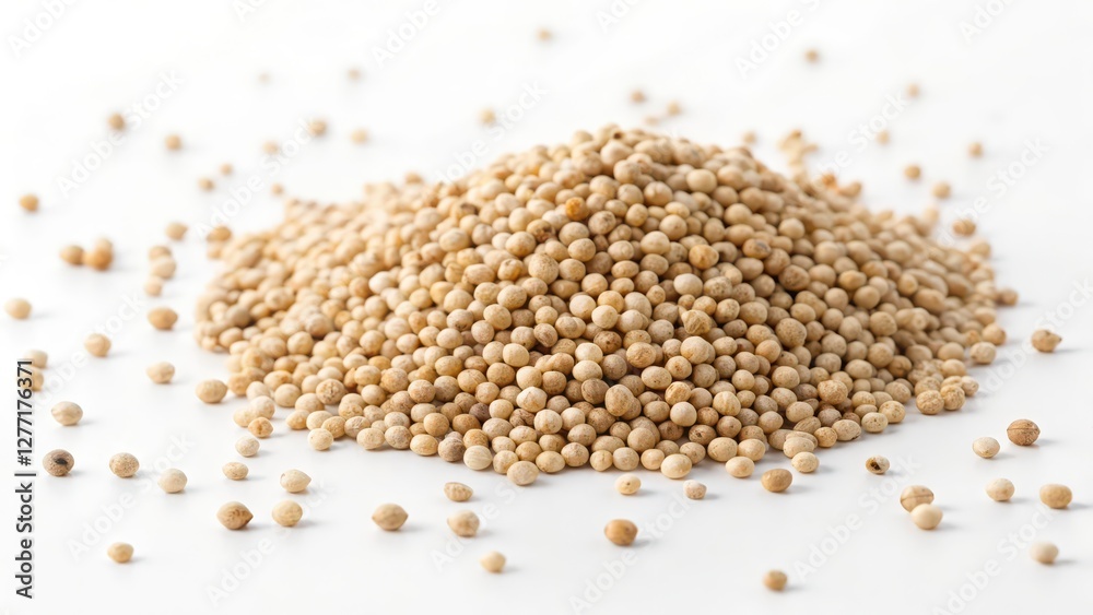 Heap of Small Beige Seeds on White Background Heap of Small Beige Seeds on White Background
