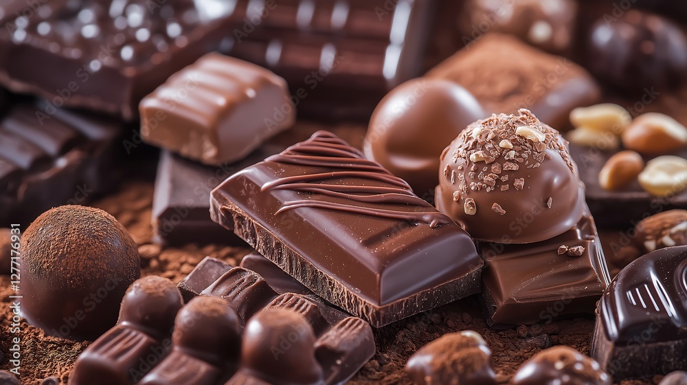 Chocolate-themed background filled with various chocolates: dark, milk, and white chocolate pieces, melted chocolate drizzles, and hazelnuts Chocolate-themed background filled with various chocolates: dark, milk, and white chocolate pieces, melted chocolate drizzles, and hazelnuts