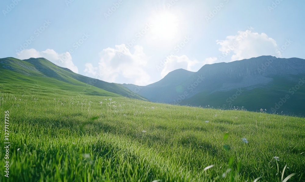 Obraz premium Scenic mountain landscape with bright green grass and a clear blue sky, soft sunlight creating a perfect outdoor adventure settin.