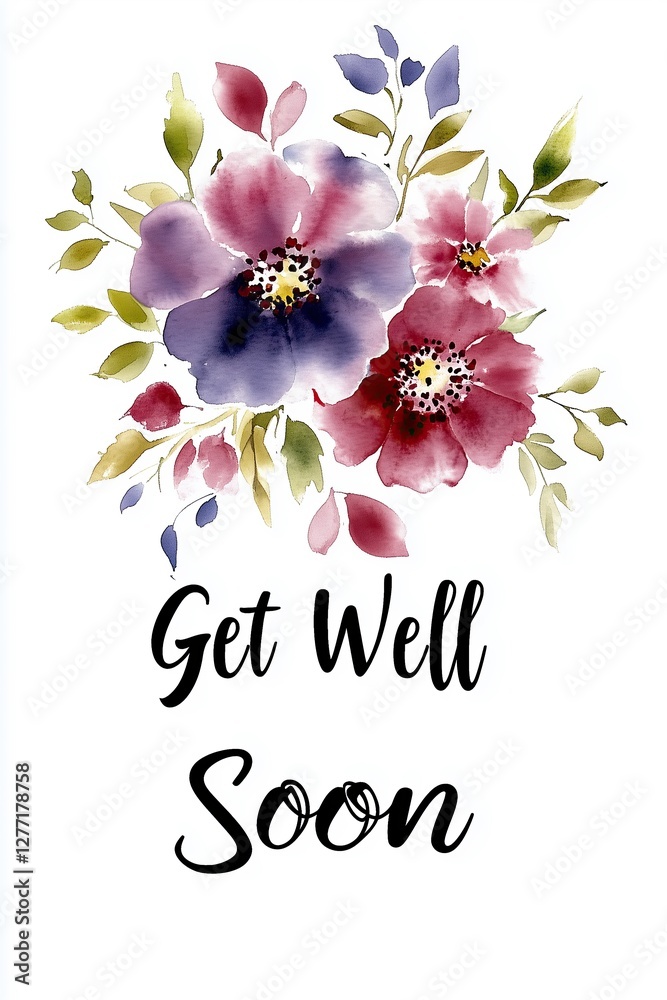 Obraz premium Artistic get well soon greeting card with vibrant watercolor flowers in shades of red, purple, and green foliage on a white background.