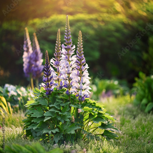 Beautiful purple lupine flowers bloom on a spring garden during golden hour 