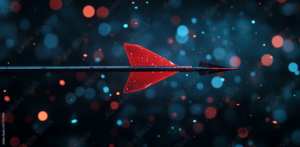 Focused Aim: A striking visual metaphor featuring a red arrow in sharp focus against a captivating backdrop of blurred lights and a dark, space-like canvas. Focused Aim: A striking visual metaphor featuring a red arrow in sharp focus against a captivating backdrop of blurred lights and a dark, space-like canvas.