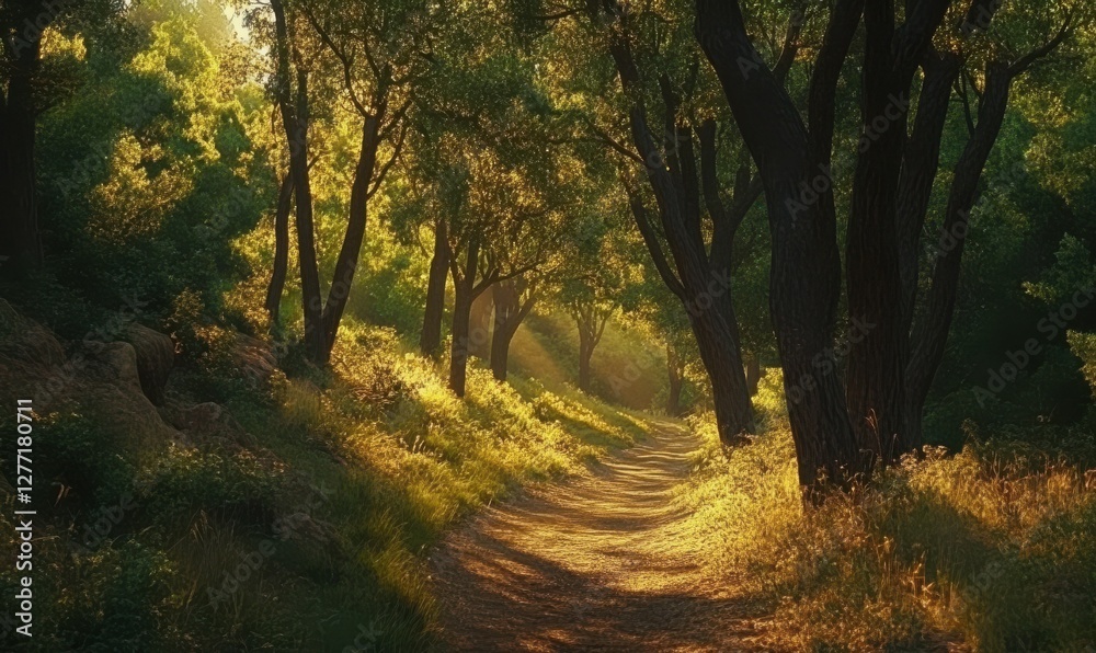 Obraz premium Tranquil forest trail with tall trees casting soft shadows, golden sunlight filtering through the canopy creating a peaceful atmospher