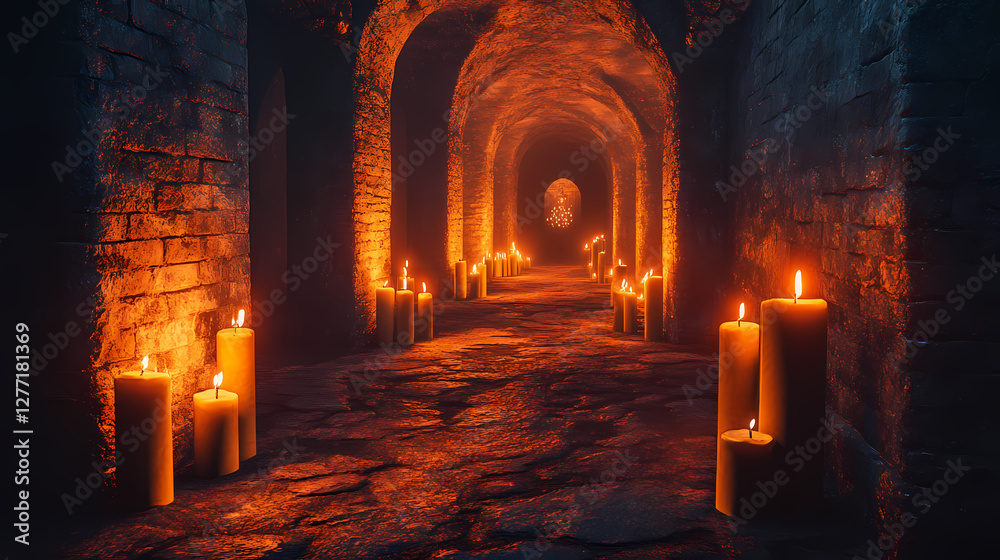 Fototapeta premium Candlelit evening ceremony ancient fort cultural event historical setting serene atmosphere spiritual reflection. Hollow-Eyed Forgotten Souls. Illustration
