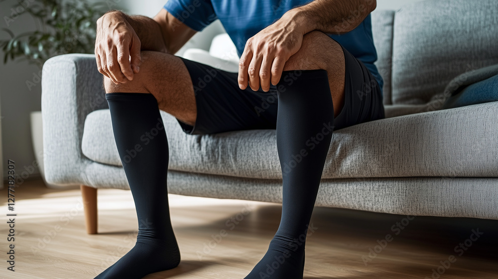 Man Sitting on Couch Wearing Compression Socks for Circulation and Recovery