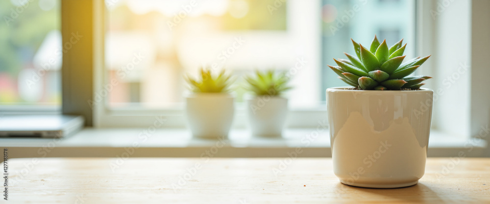 Potted succulent plant on a wooden table with warm sunlight streaming through a window, creating a calming and peaceful atmosphere Potted succulent plant on a wooden table with warm sunlight streaming through a window, creating a calming and peaceful atmosphere