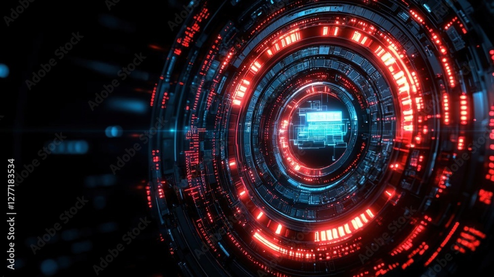 Circular Abstract Technology Background with Blue and Red Glowing Light and Geometric Design