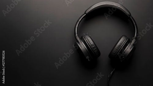 Black headphones on dark surface, ready for use photo