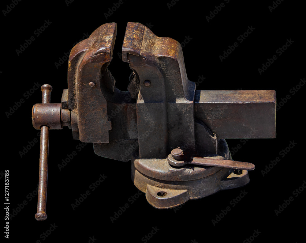 Rusty Metal Bench Vise on Black Background