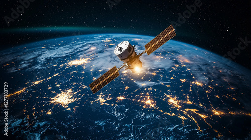 A communication satellite orbits Earth at night. photo