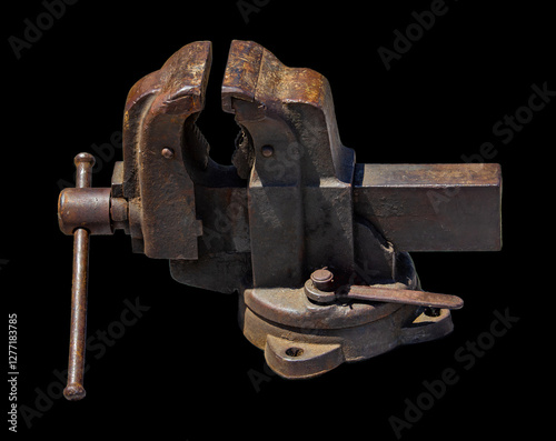 Obraz na płótnie Rusty Metal Bench Vise on Black Background w salonie