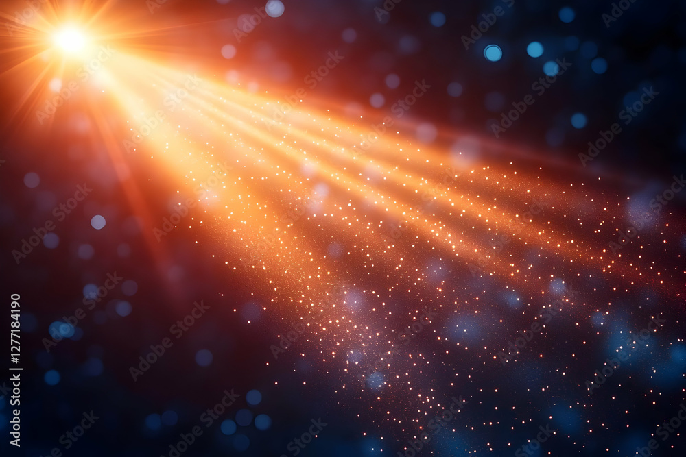 Fototapeta premium Golden Light Beam with Sparkling Particles on Dark Blue Blurred Background