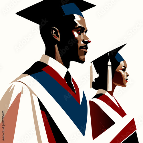 Black male and female graduates in academic regalia standing together. Bold vector graphic celebrating educational success. Concept: Diversity in education, Academic achievement