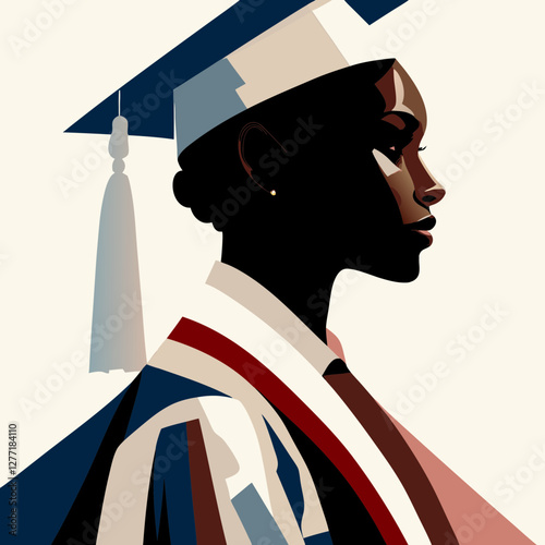 Black female graduate in profile view wearing academic regalia. Strong graphic style in muted tones. Concept: education, professional achievement, leadership.