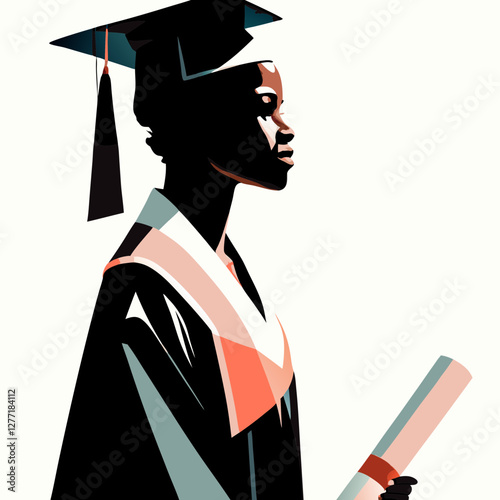 Stylized illustration of young African American woman in graduation cap and gown with abstract background. Concepts: education, empowerment, diversity, academic achievement, future, leadership.