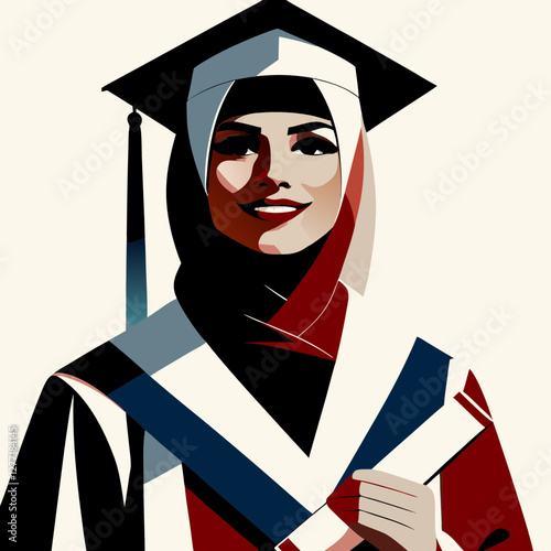 Female graduate in cap, gown and hijab proudly holding diploma, modern flat illustration. Concept: inclusive graduation, academic achievement, cultural pride.