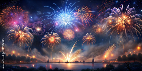 Vibrant fireworks explode over calm water, creating mirror reflections. Trees line darkened shores in park setting. Festive display lights up night sky in reds, purples, blues. Concept: event planning