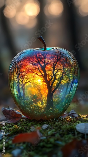 Beautiful Dew-Covered Apple with a Hidden Sunset Landscape Photo
