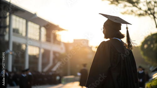 Graduate in silhouette gazes at sunset near modern building. Contemplative scene shows transition moment. Future aspirations concept for universities, career services