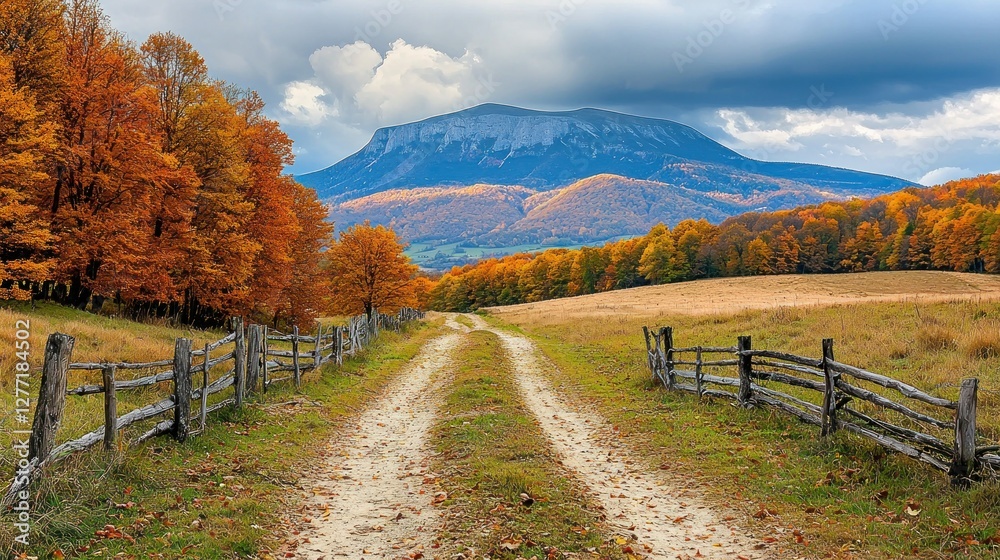 Autumnal Mountain Road with Colorful Trees and Clouds Autumnal Mountain Road with Colorful Trees and Clouds