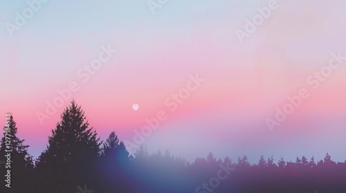 Landscape photograph of a forest at sunrise or sunset. the sky is a gradient of pink and blue, with the sun partially visible in the top right corner.