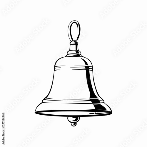 Hand-drawn school bell with classic loop handle, detailed outline style. Symbol of lessons start or end. Concept: school routine, academic sound, tradition.
