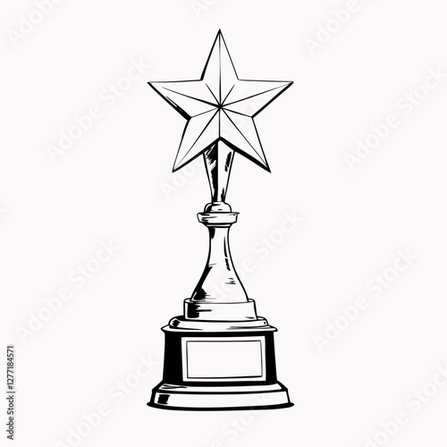 Hand-drawn trophy sketch with star and inscription base. Black and white vintage award design. Classic recognition symbol. Concept: achievement awards, recognition program, competition prize