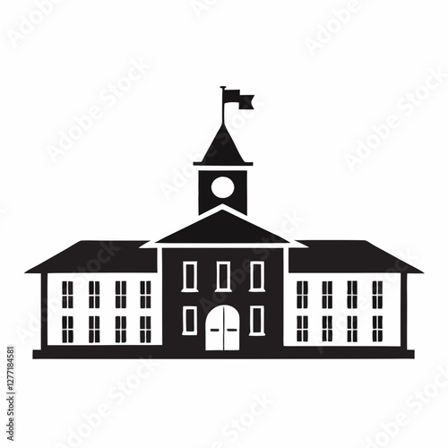 Simplified school building with central tower, clock, and waving flag in silhouette style. Concept: elementary education, academic symbol, learning foundation.
