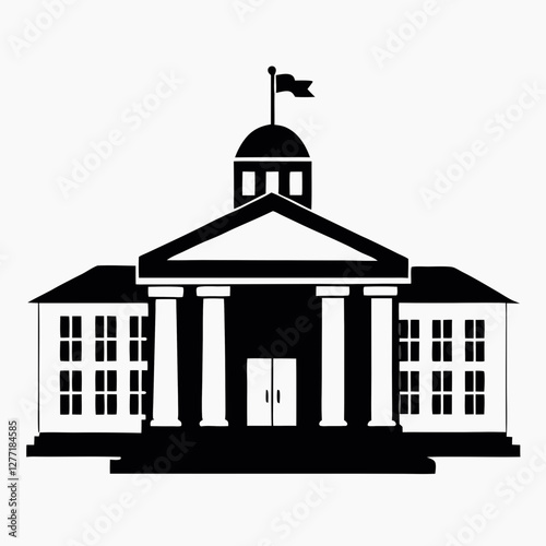 Black and white sketch of neoclassical courthouse with columns and dome. Symmetrical facade with flag flying atop. Formal government architecture in classic style. Concept: law firm, local government