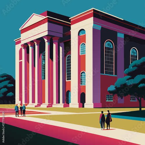 Mid-century style illustration of library with pink and blue tones. People walking near columned entrance. Retro architectural scene. Concept: cultural institution, public library, arts center