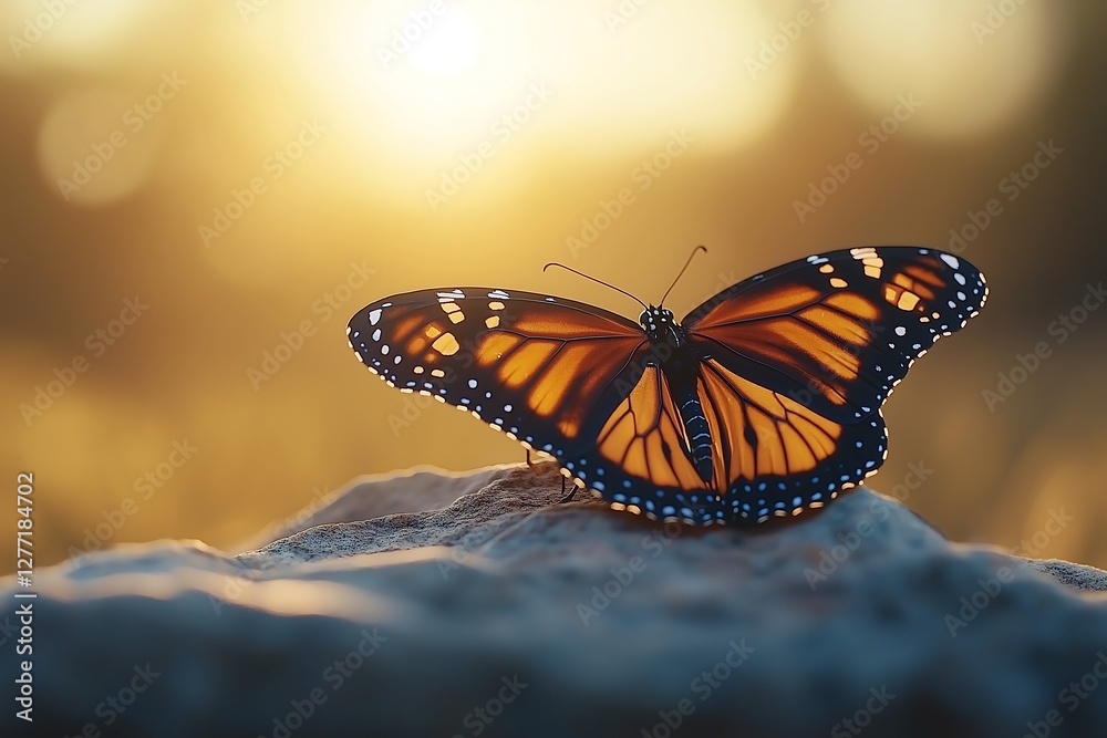 Obraz premium BUTTERFLY RESTING ON THE FLOWER. NATURAL LIGHTS, SUNSET, SUNLIGHT, TIFFANY GREEN TONES