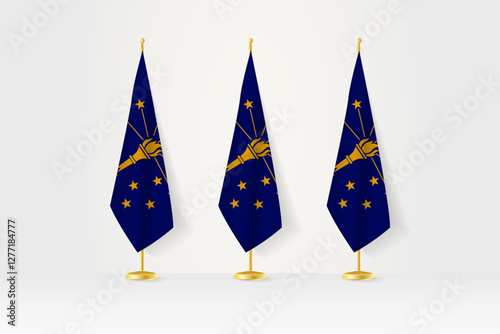 Three Indiana flags in a row on a golden stand, illustration of press conference and other meetings.