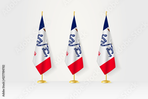 Three Iowa flags in a row on a golden stand, illustration of press conference and other meetings.
