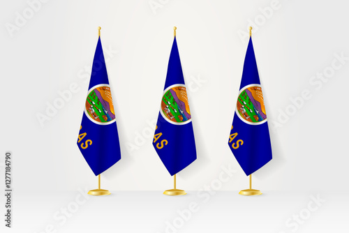 Three Kansas flags in a row on a golden stand, illustration of press conference and other meetings.
