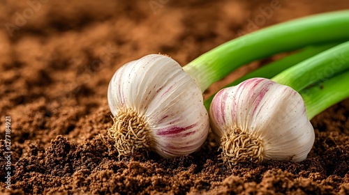 Close up view of several freshly grown garlic bulbs emerging from the rich moist soil  The garlic cloves are surrounded by the fertile earth