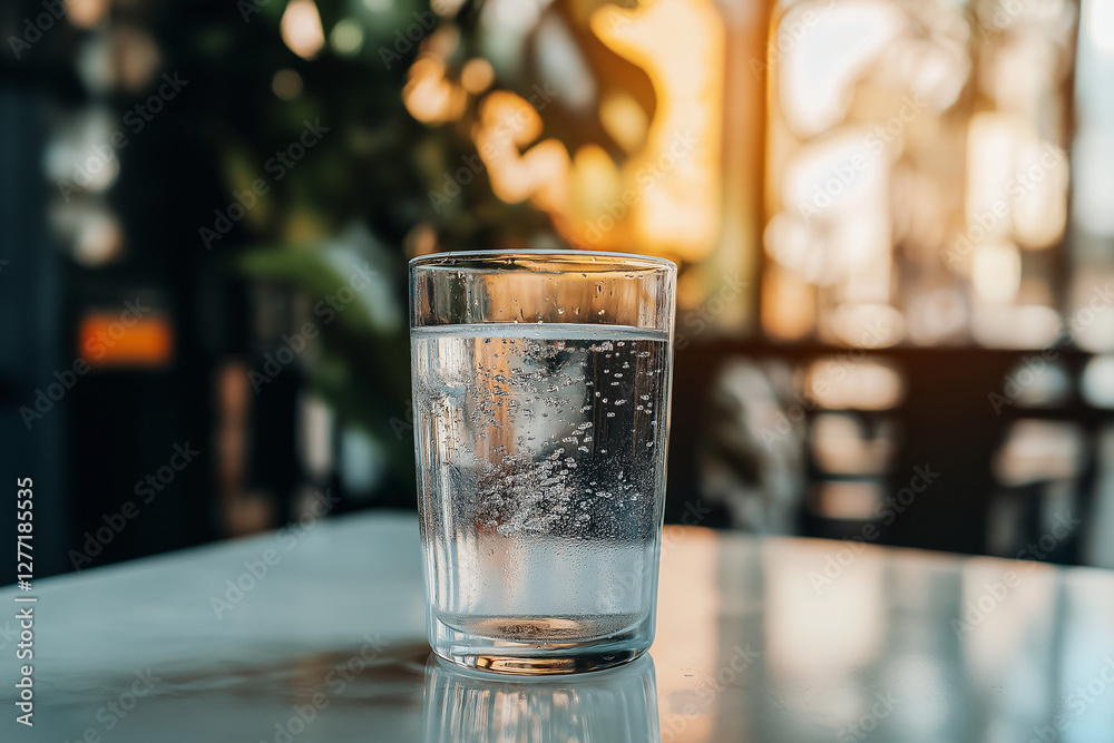 Sleek, modern glass of clean water on a minimalistic white table, condensation forming on the glass, surrounded by a contemporary, airy interior
Generative AI