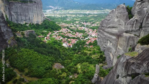 Drone view of Monastery and Meteora rocks in Meteora, Greece